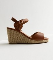 New Look Extra Wide Fit Tan Leather-Look Espadrille Wedge Heel Sandals